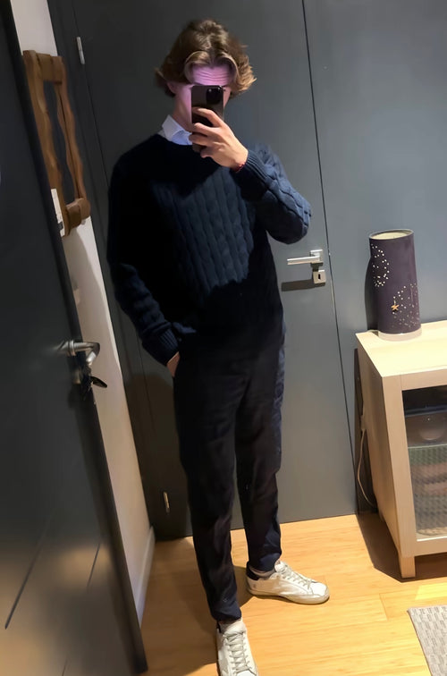 Pull en Maille Torsadée Bleu Marine